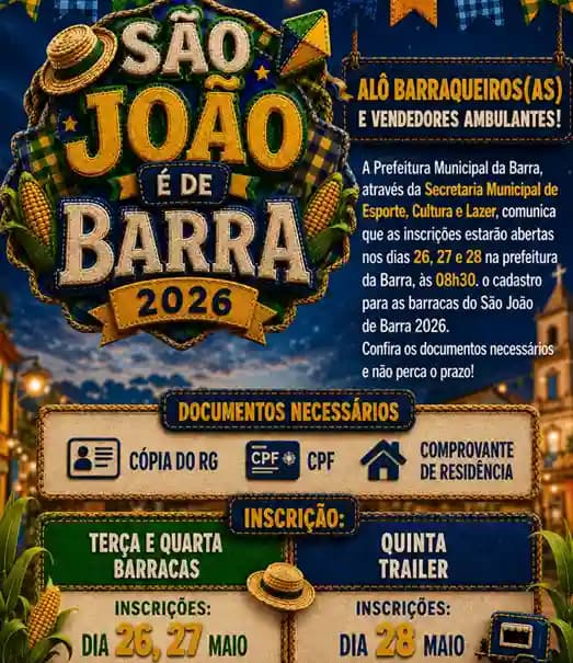 Cidade da Barra: Atenção, comerciantes: Inscrições abertas para o São João de Barra 2026!