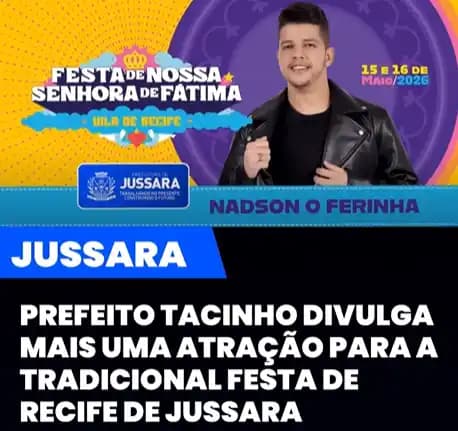 Jussara - Nadson Ferinha é confirmado como atração da festa de Nossa Senhora de Fátima, em Recife