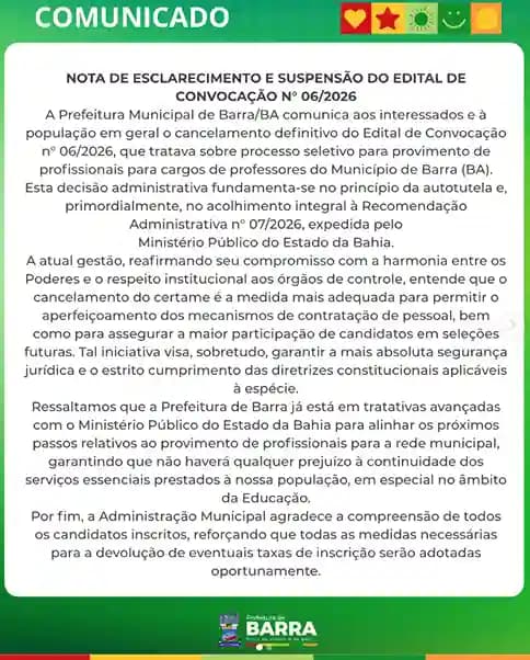 Barra - Prefeitura de Barra cancela processo seletivo para professores após recomendação do Ministério Público