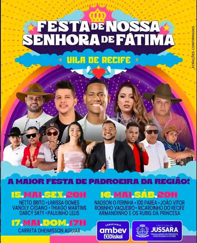 Jussara - Confira a programação completa da Festa de Nossa Senhora de Fátima na Vila de Recife